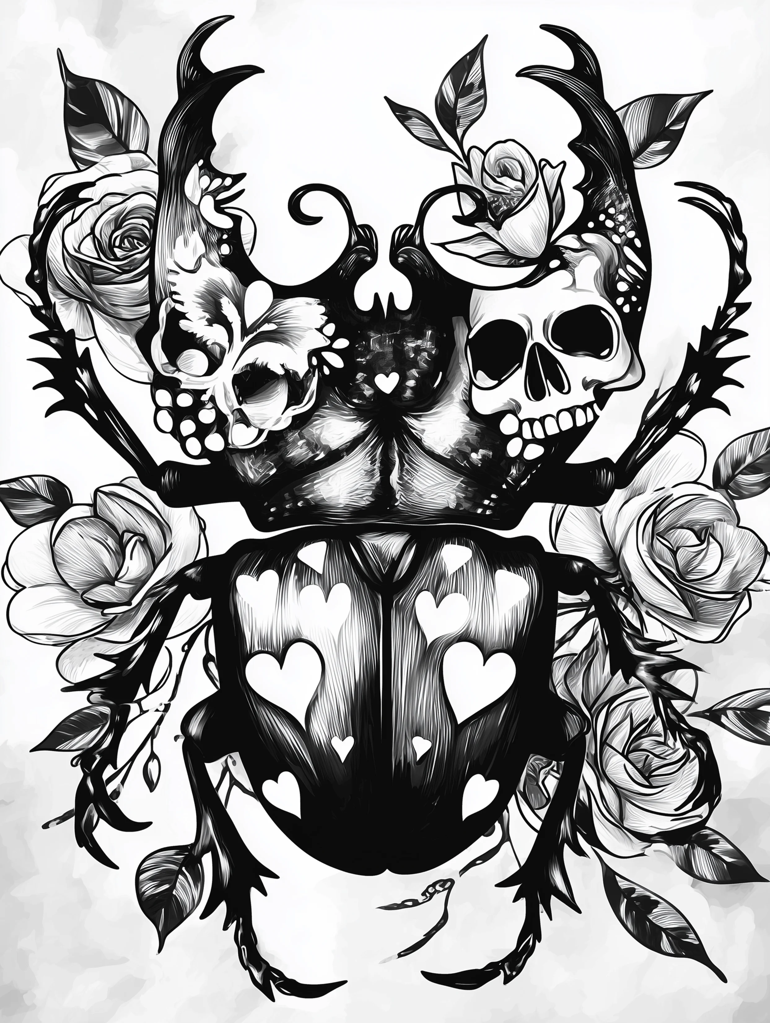 Free printable insect coloring page for adults featuring a heart shaped beetle with a skull